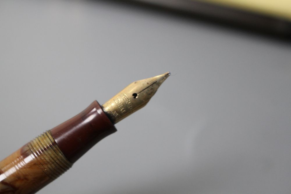 A group of fountain pens including a Pelikan Souveran, Mont Blanc, Onoto and a Watermans Ideal matching marbled fountain pen and propel